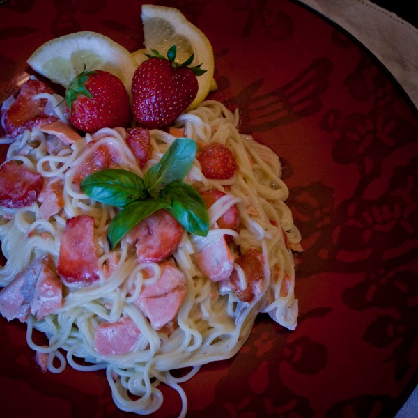 Salmon and pasta with strawberry lemon cream sauce